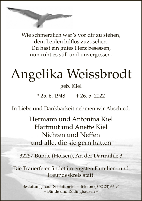 Traueranzeige von Angelika Weissbrodt von Neue Westfälische