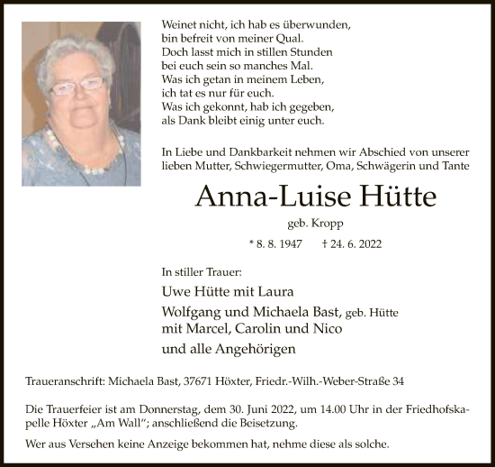 Traueranzeige von Anna-Luise Hütte von Neue Westfälische