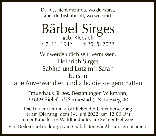 Traueranzeige von Bärbel Sirges von Neue Westfälische