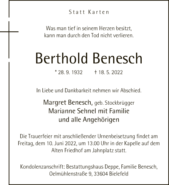 Traueranzeige von Berthold Benesch von Neue Westfälische