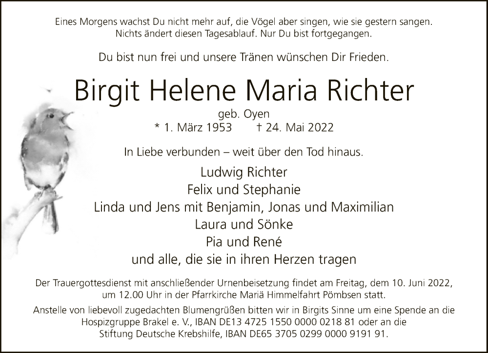  Traueranzeige für Birgit Helene Maria Richter vom 08.06.2022 aus Neue Westfälische