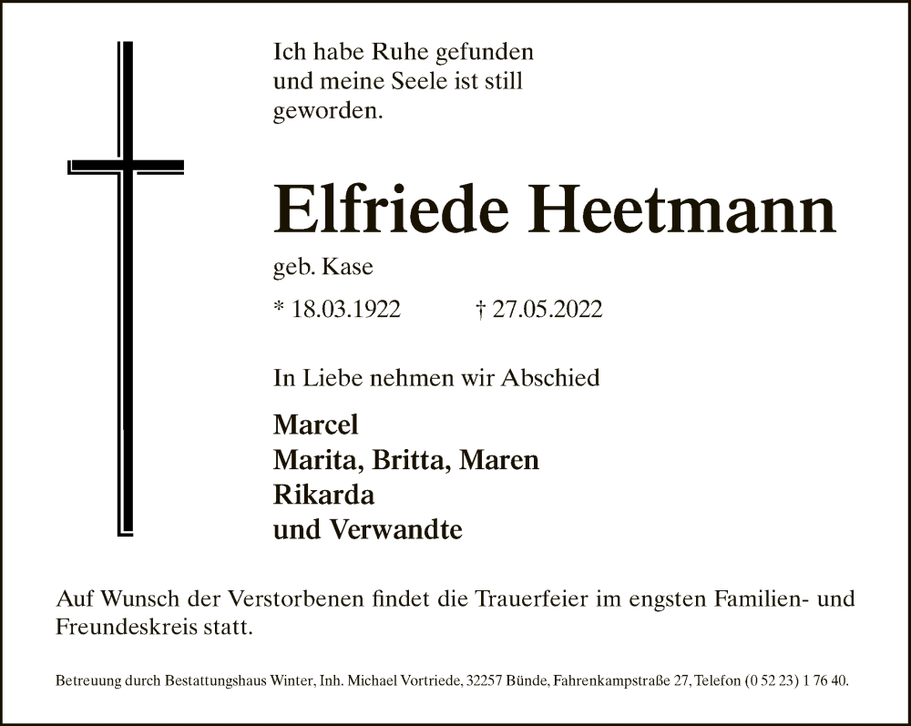  Traueranzeige für Elfriede Heetmann vom 04.06.2022 aus Neue Westfälische