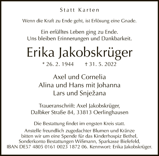 Traueranzeige von Erika Jakobskrüger von Neue Westfälische