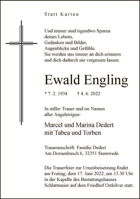 Traueranzeige von Ewald Engling von Neue Westfälische