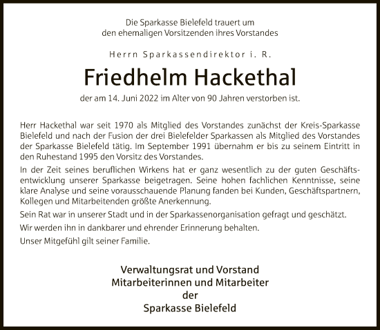 Traueranzeige von Friedhelm Hackethal von Neue Westfälische