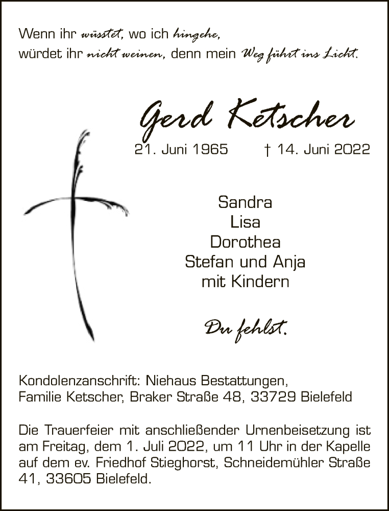  Traueranzeige für Gerd Ketscher vom 18.06.2022 aus Neue Westfälische