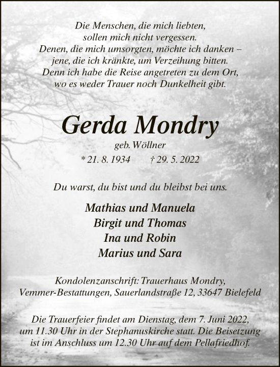 Traueranzeige von Gerda Mondry von Neue Westfälische