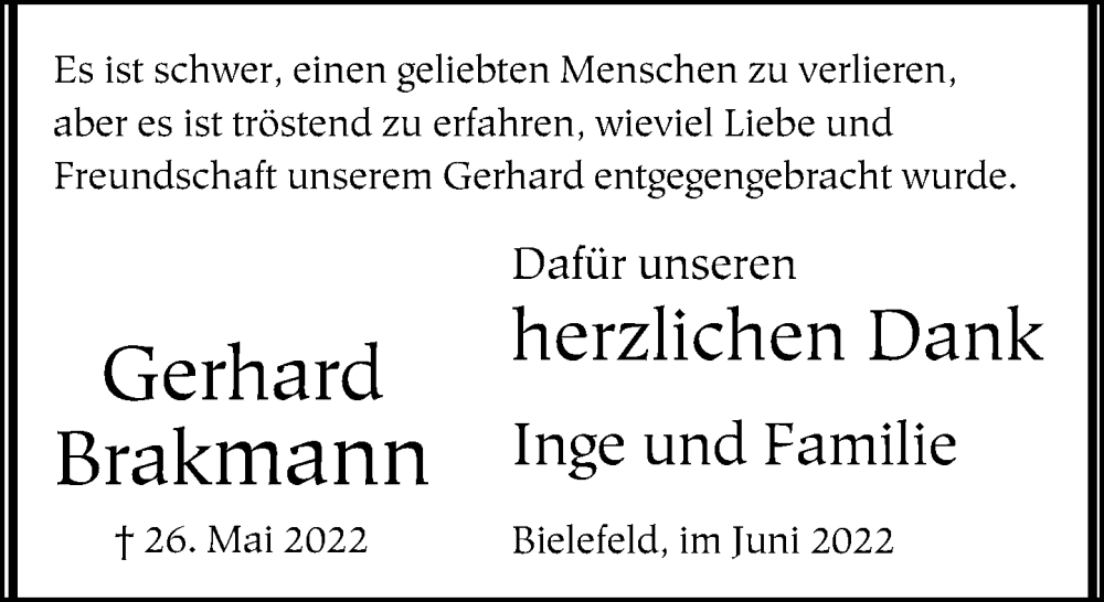  Traueranzeige für Gerhard Brakmann vom 18.06.2022 aus Neue Westfälische