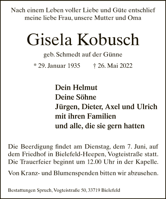 Traueranzeige von Gisela Kobusch von Neue Westfälische
