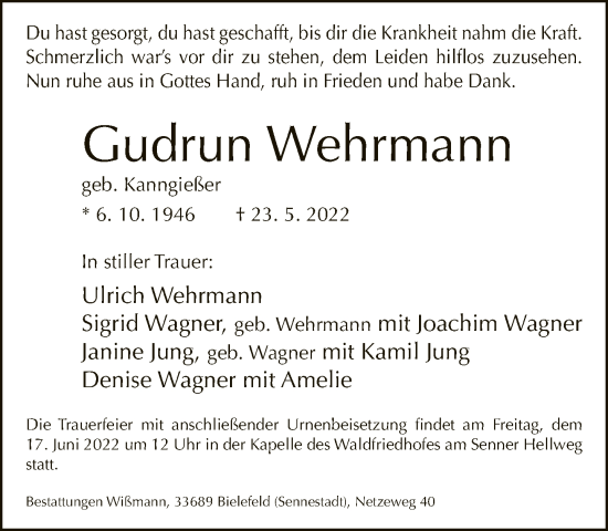 Traueranzeige von Gudrun Wehrmann von Neue Westfälische