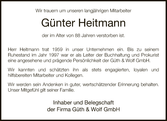 Traueranzeige von Günter Heitmann von Neue Westfälische