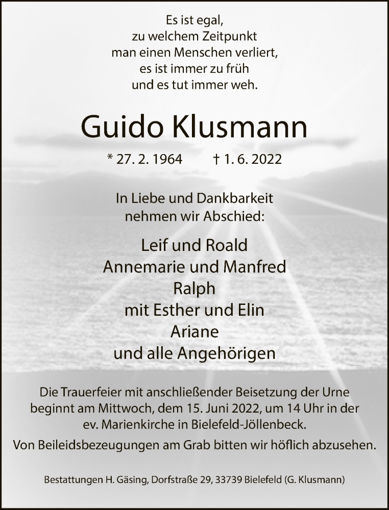  Traueranzeige für Guido Klusmann vom 11.06.2022 aus Neue Westfälische