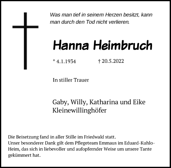 Traueranzeige von Hanna Heimbruch von Neue Westfälische