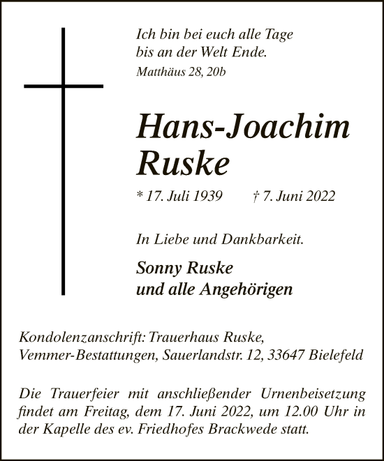 Traueranzeige von Hans-Joachim Ruske von Neue Westfälische