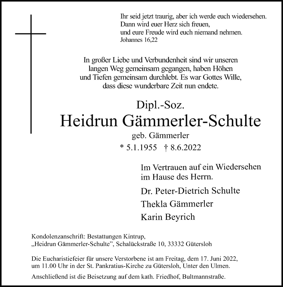  Traueranzeige für Heidrun Gämmerler-Schulte vom 11.06.2022 aus Neue Westfälische