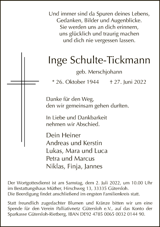Traueranzeige von Inge Schulte-Tickmann von Neue Westfälische