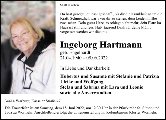 Traueranzeige von Ingeborg Hartmann von Neue Westfälische