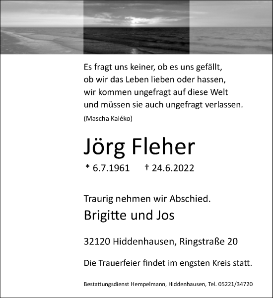 Traueranzeige von Jörg Fleher von Neue Westfälische