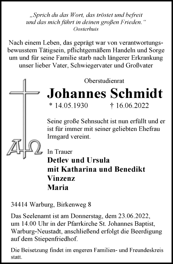 Traueranzeige von Johannes Schmidt von Neue Westfälische