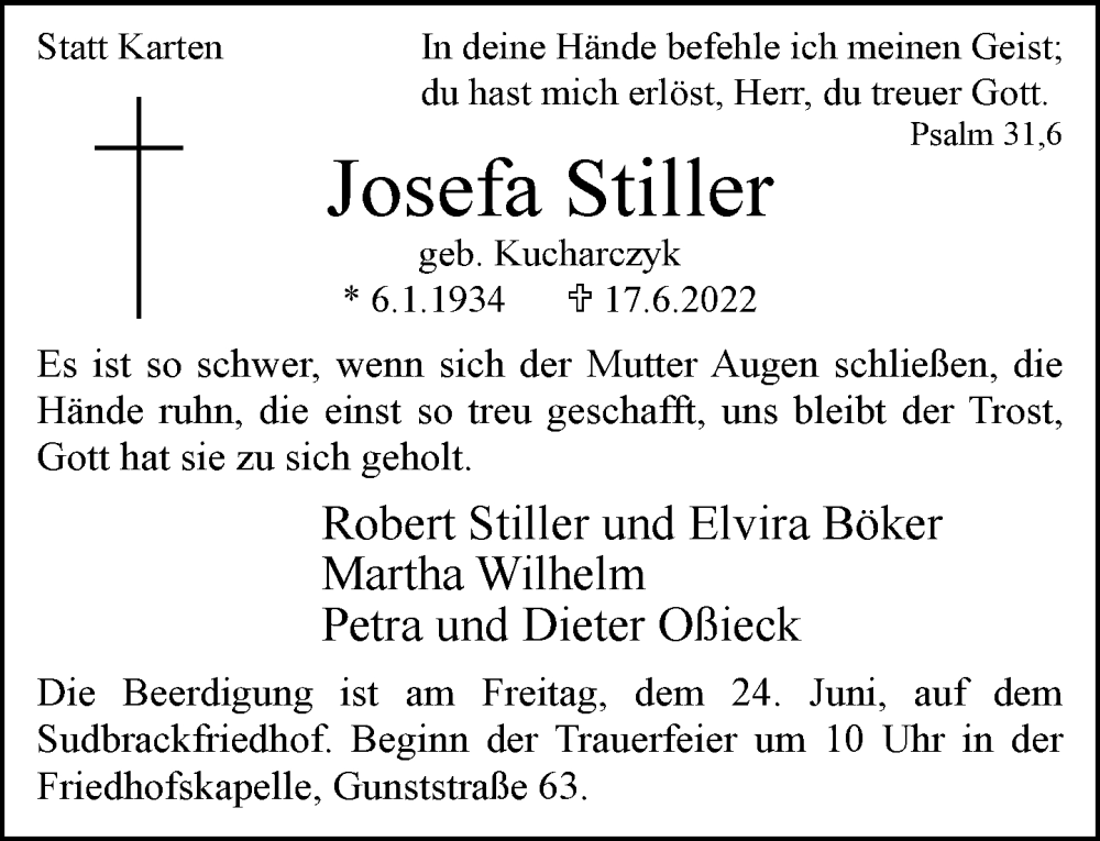  Traueranzeige für Josefa Stiller vom 22.06.2022 aus Neue Westfälische