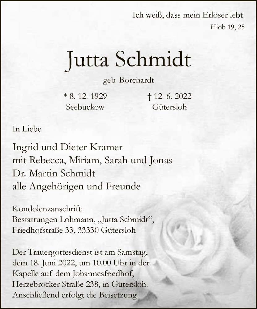  Traueranzeige für Jutta Schmidt vom 16.06.2022 aus Neue Westfälische