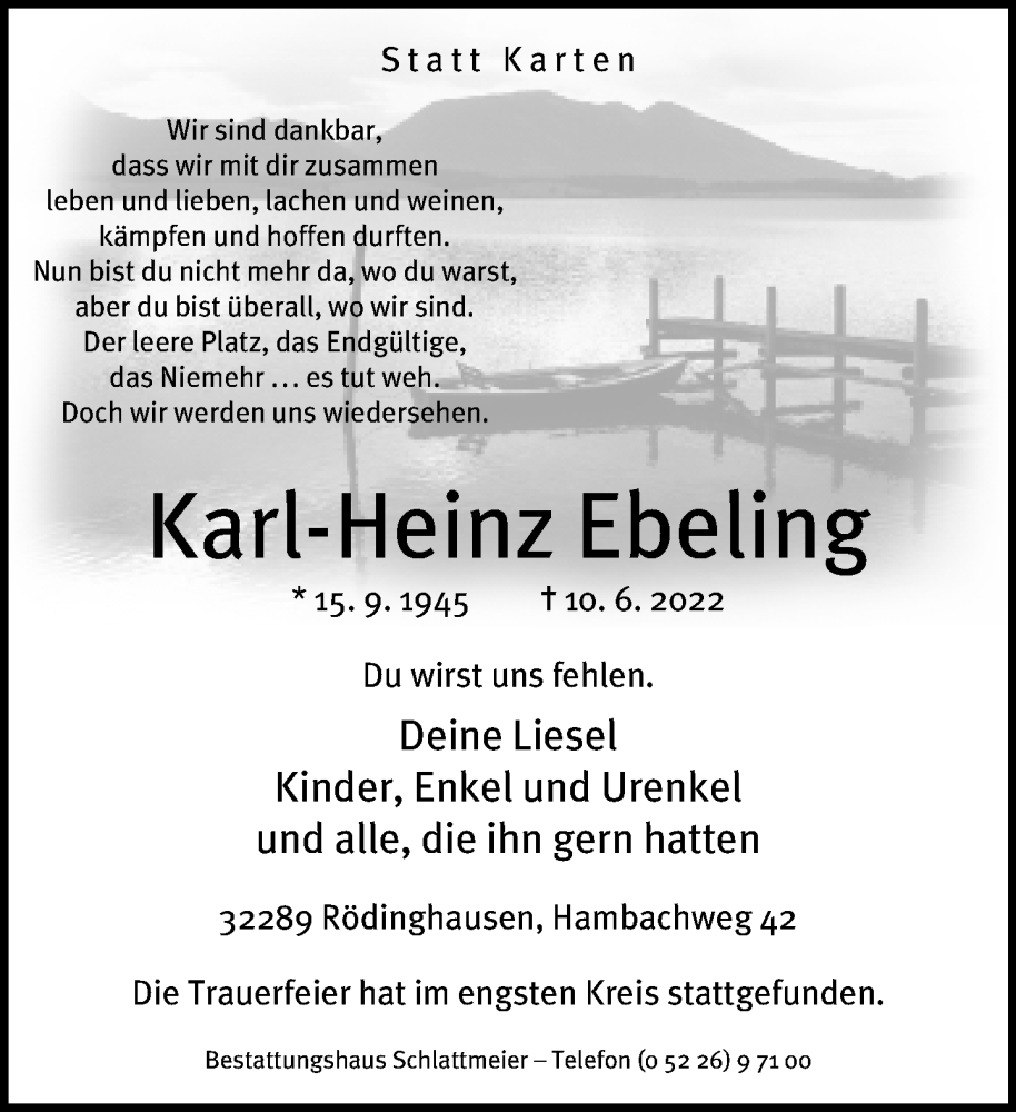  Traueranzeige für Karl-Heinz Ebeling vom 18.06.2022 aus Neue Westfälische
