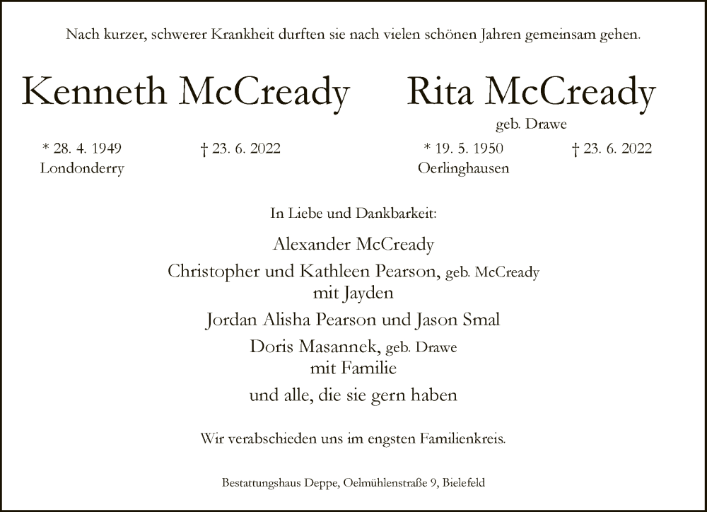  Traueranzeige für Kenneth und Rita McCready vom 25.06.2022 aus Neue Westfälische