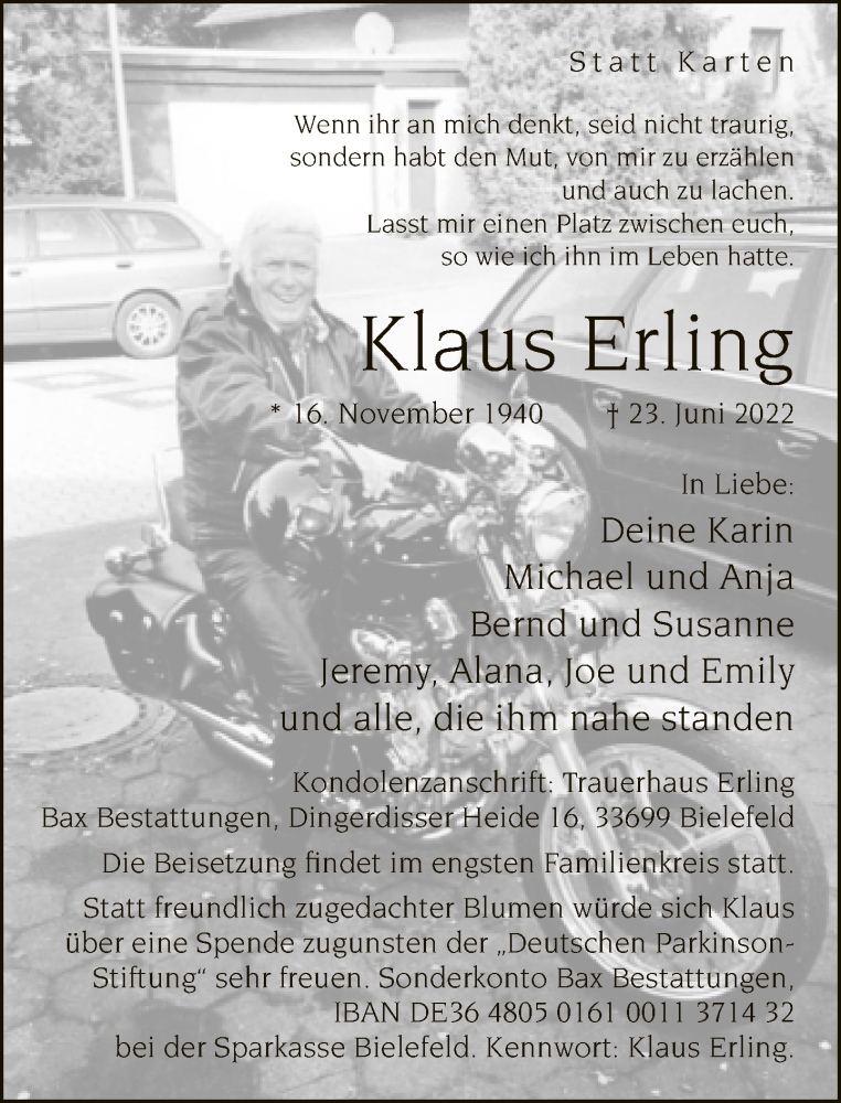  Traueranzeige für Klaus Erling vom 25.06.2022 aus Neue Westfälische