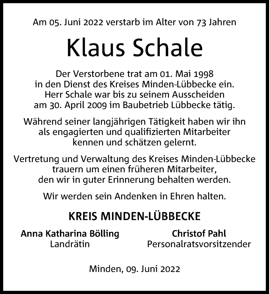  Traueranzeige für Klaus Schale vom 11.06.2022 aus Neue Westfälische