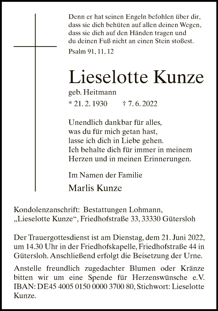  Traueranzeige für Lieselotte Kunze vom 11.06.2022 aus Neue Westfälische