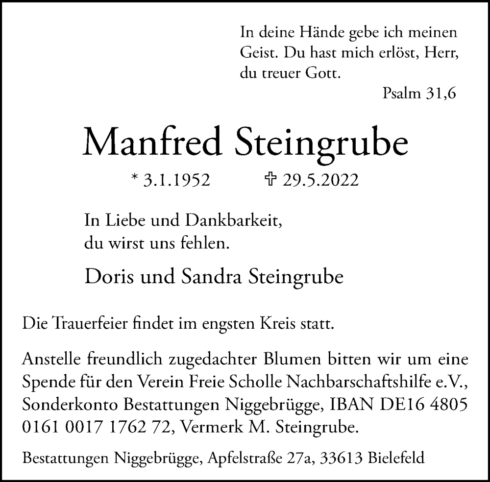  Traueranzeige für Manfred Steingrube vom 04.06.2022 aus Neue Westfälische