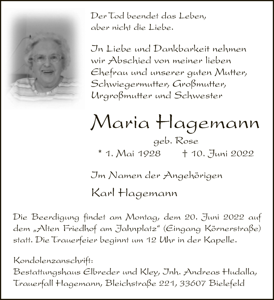  Traueranzeige für Maria Hagemann vom 18.06.2022 aus Neue Westfälische