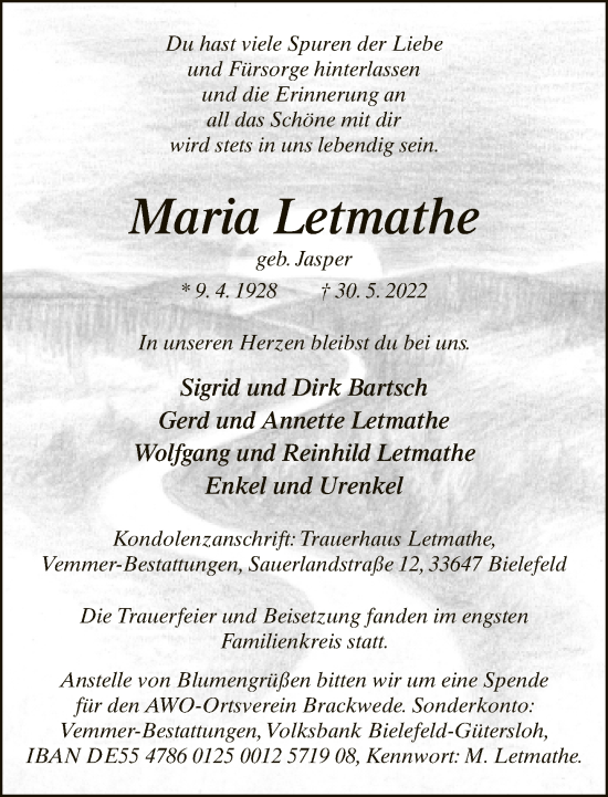 Traueranzeige von Maria Letmathe von Neue Westfälische
