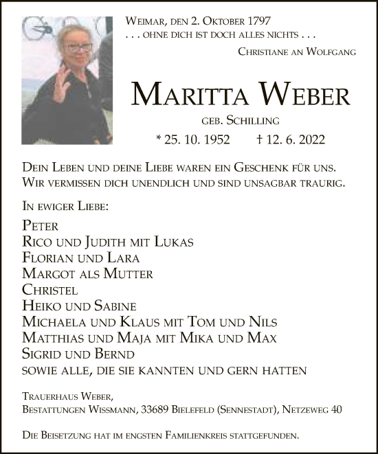 Traueranzeige von Maritta Weber von Neue Westfälische