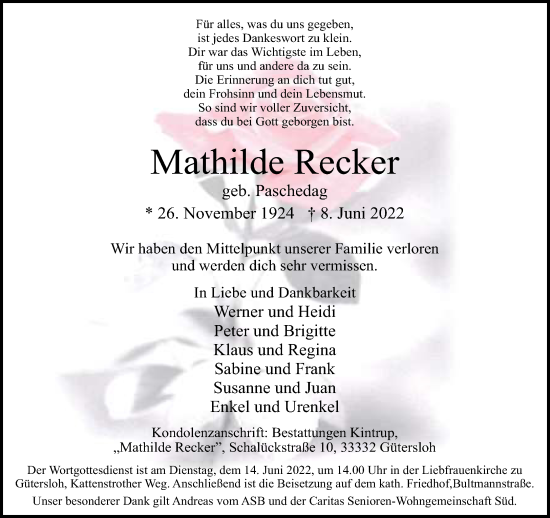 Traueranzeige von Mathilde Recker von Neue Westfälische