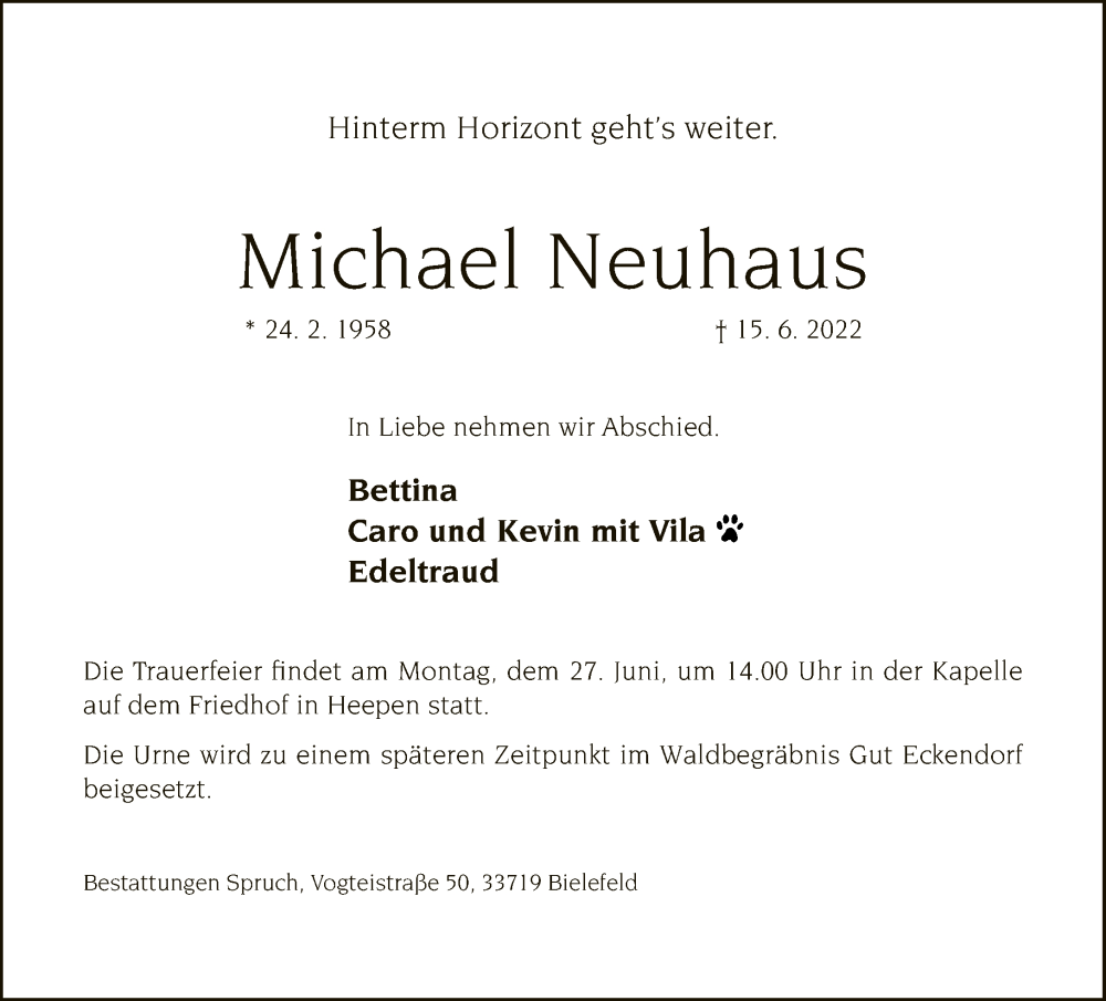  Traueranzeige für Michael Neuhaus vom 22.06.2022 aus Neue Westfälische