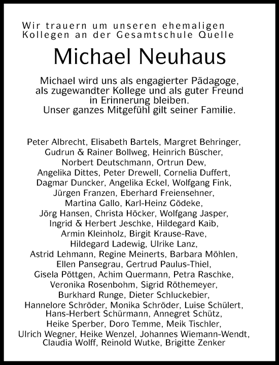 Traueranzeige von Michael Neuhaus von Neue Westfälische