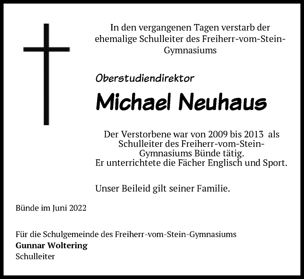  Traueranzeige für Michael Neuhaus vom 25.06.2022 aus Neue Westfälische