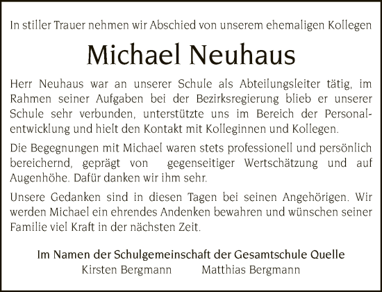 Traueranzeige von Michael Neuhaus von Neue Westfälische