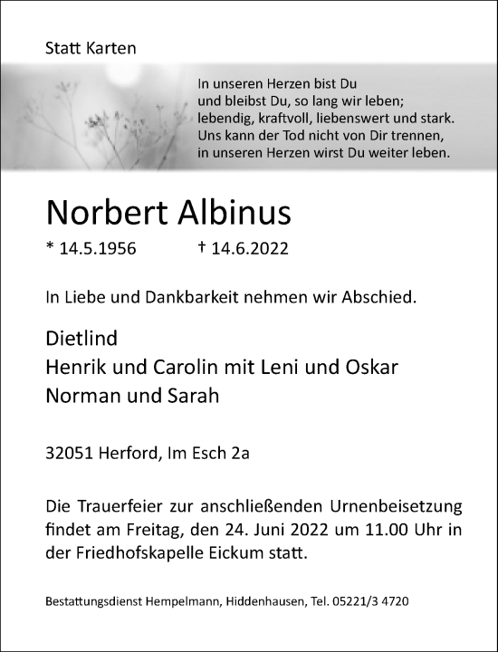 Traueranzeige von Norbert Albinus von Neue Westfälische