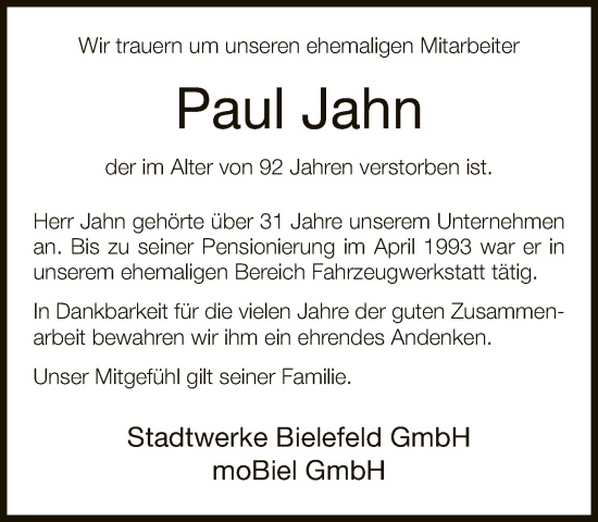 Traueranzeige von Paul Jahn von Neue Westfälische