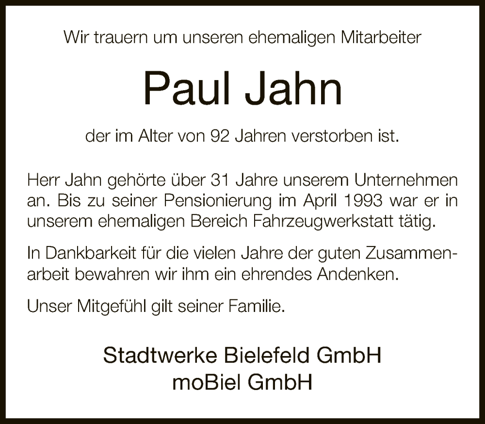  Traueranzeige für Paul Jahn vom 07.06.2022 aus Neue Westfälische