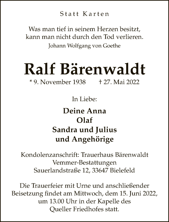 Traueranzeige von Ralf Bärenwaldt von Neue Westfälische
