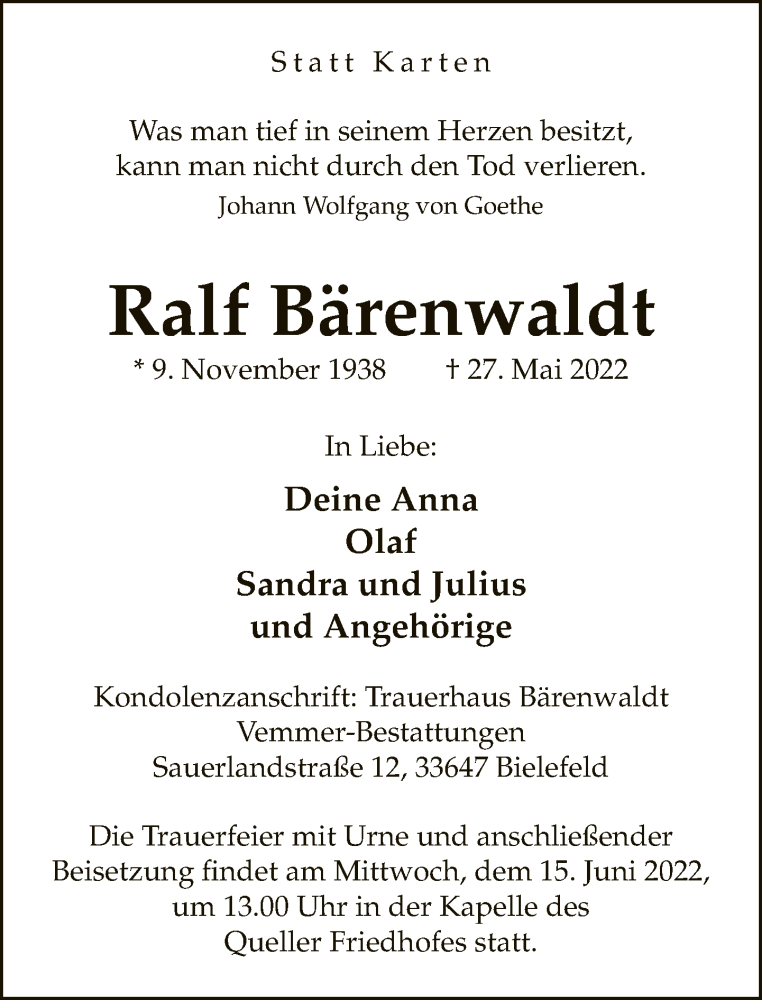  Traueranzeige für Ralf Bärenwaldt vom 04.06.2022 aus Neue Westfälische