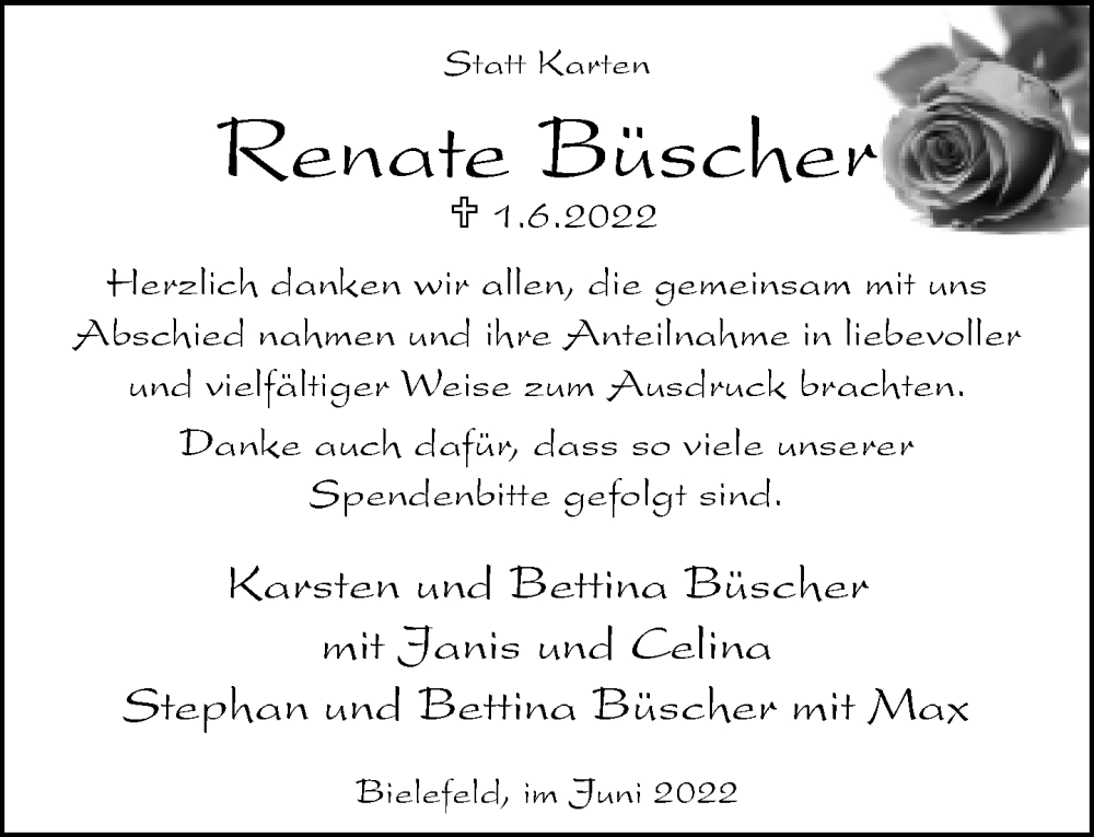  Traueranzeige für Renate Büscher vom 25.06.2022 aus Neue Westfälische