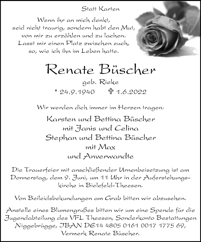  Traueranzeige für Renate Büscher vom 04.06.2022 aus Neue Westfälische