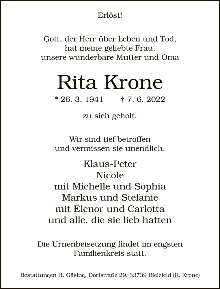  Traueranzeige für Rita Krone vom 11.06.2022 aus Neue Westfälische