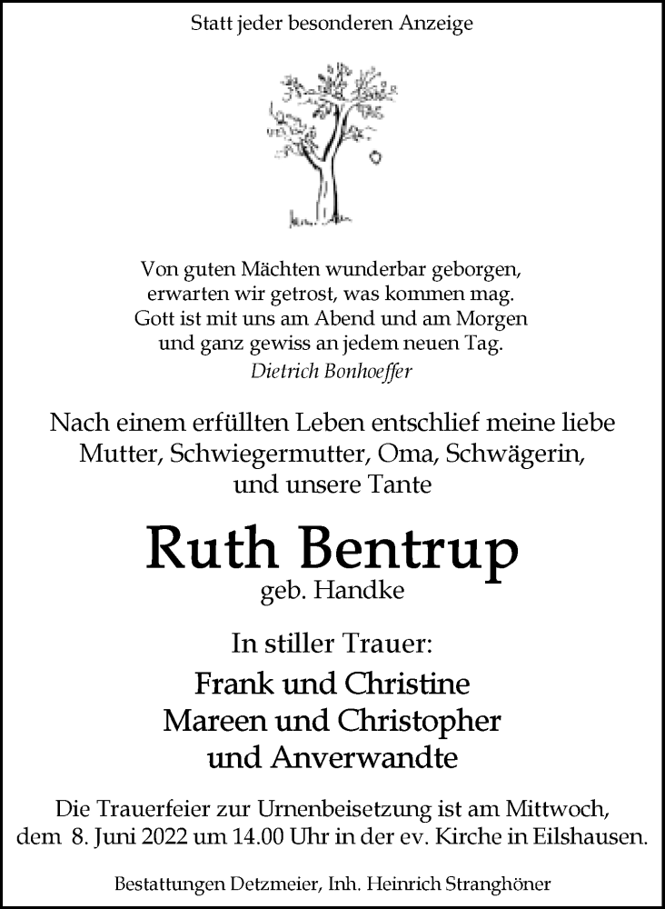  Traueranzeige für Ruth Bentrup vom 04.06.2022 aus Neue Westfälische