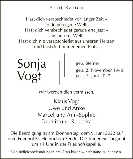 Traueranzeige von Sonja Vogt von Neue Westfälische