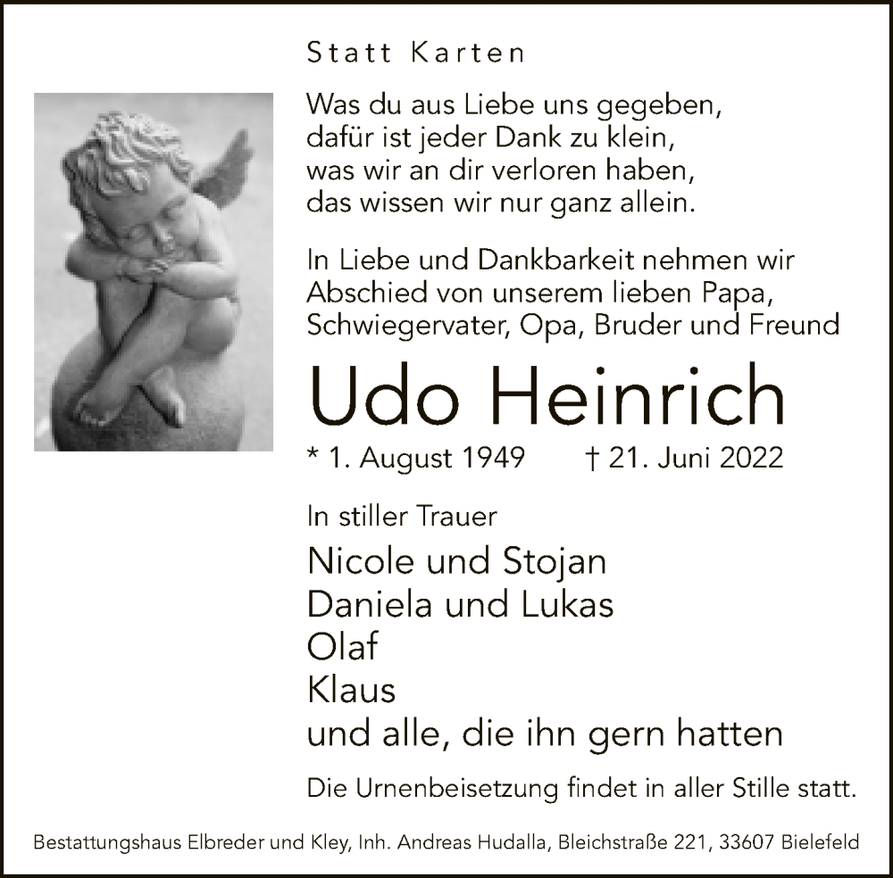  Traueranzeige für Udo Heinrich vom 25.06.2022 aus Neue Westfälische